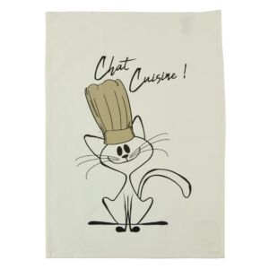 TORCHON DESIGN CHAT CHAT CUISINE  ! COTON NATUREL 50 x 70 cm