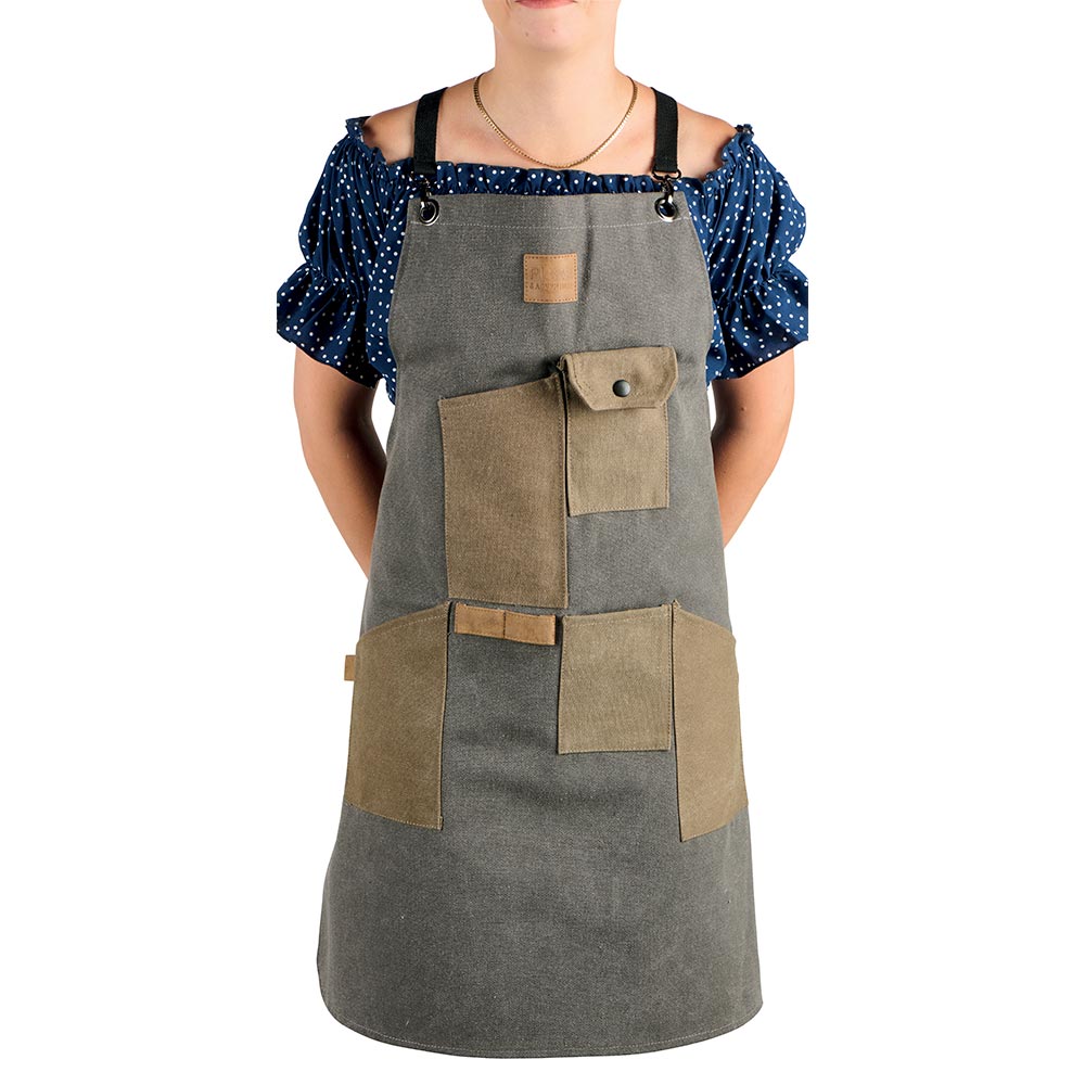 TABLIER GRIS  et  KAKI 5 POCHES ANNEAUX ET MOUSQUETON 100% COTON - Photo N°1