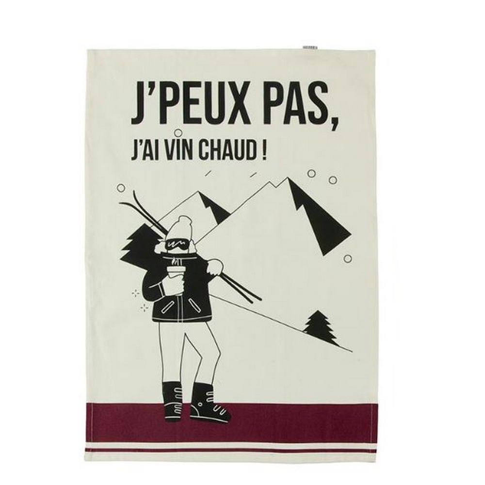 TORCHON DESIGN SKI J'PEUX PAS J'AI VIN CHAUD ! COTON NATUREL 50 x 70 cm - Photo N°1