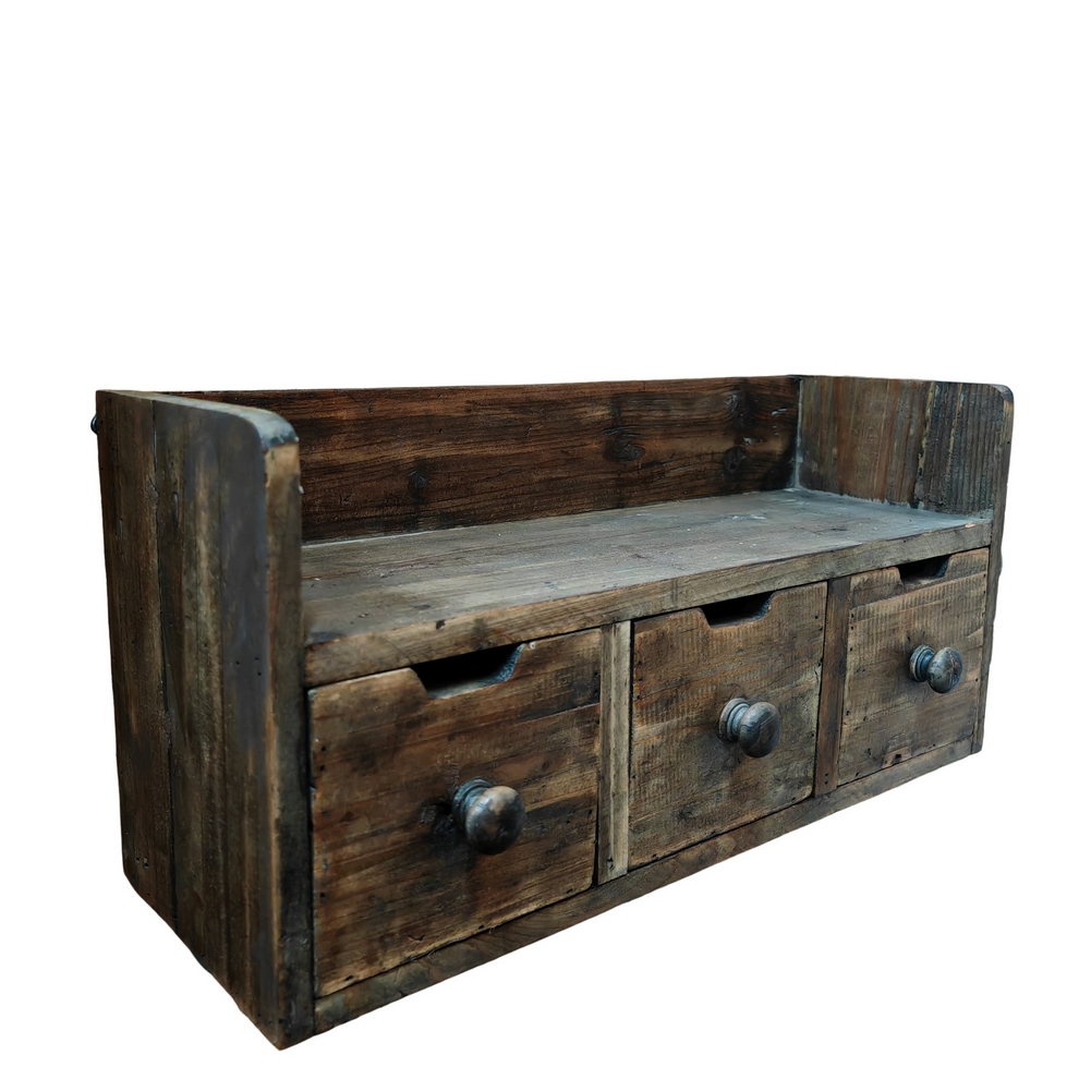 ETAGERE MURALE 3 TIROIRS EN VIEUX BOIS 52.5 X 25 X 18 CM - Photo N°1