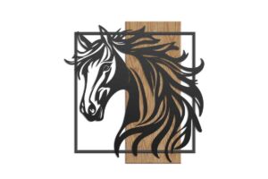 SCULPTURE MURALE EN METAL NOIR ET BOIS D'UNE TETE DE CHEVAL  59.7 X 59.7 X 3.5CM