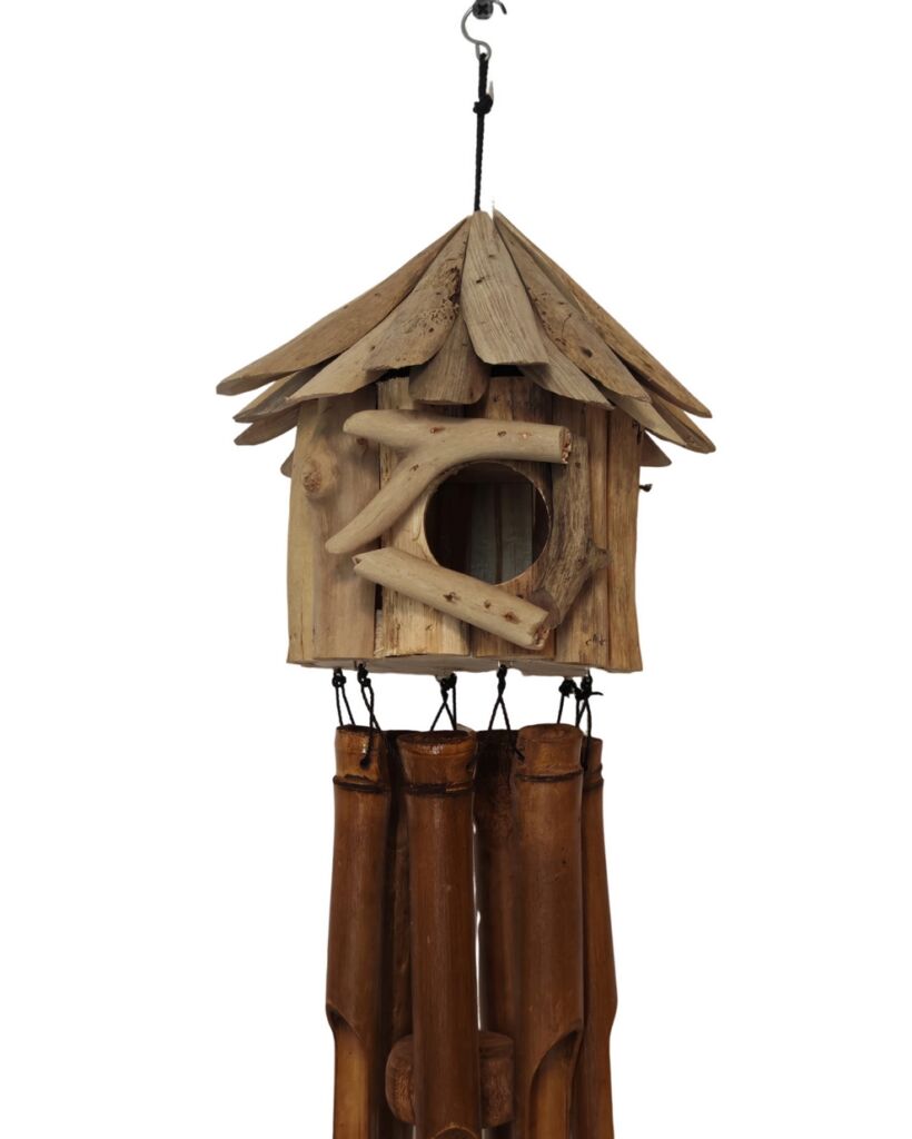 CARILLON BAMBOU ET CABANE A OISEAU NICHOIR FACON BOIS FLOTTE 28 X 50 X 28  CM - Photo N°5