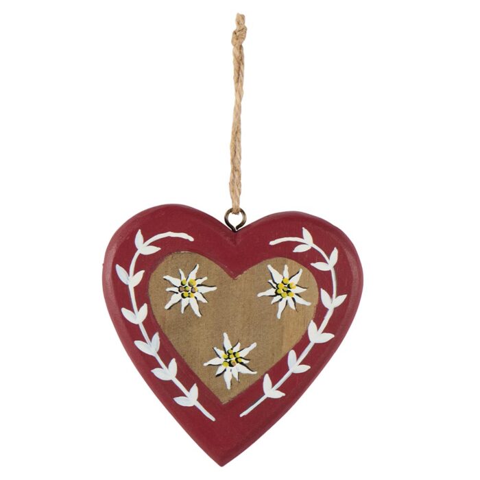 COEUR EN BOIS NATUREL  et  ROUGE AVEC EDELWEISS   10 x 9.5 x 1.5 cm - Photo N°1