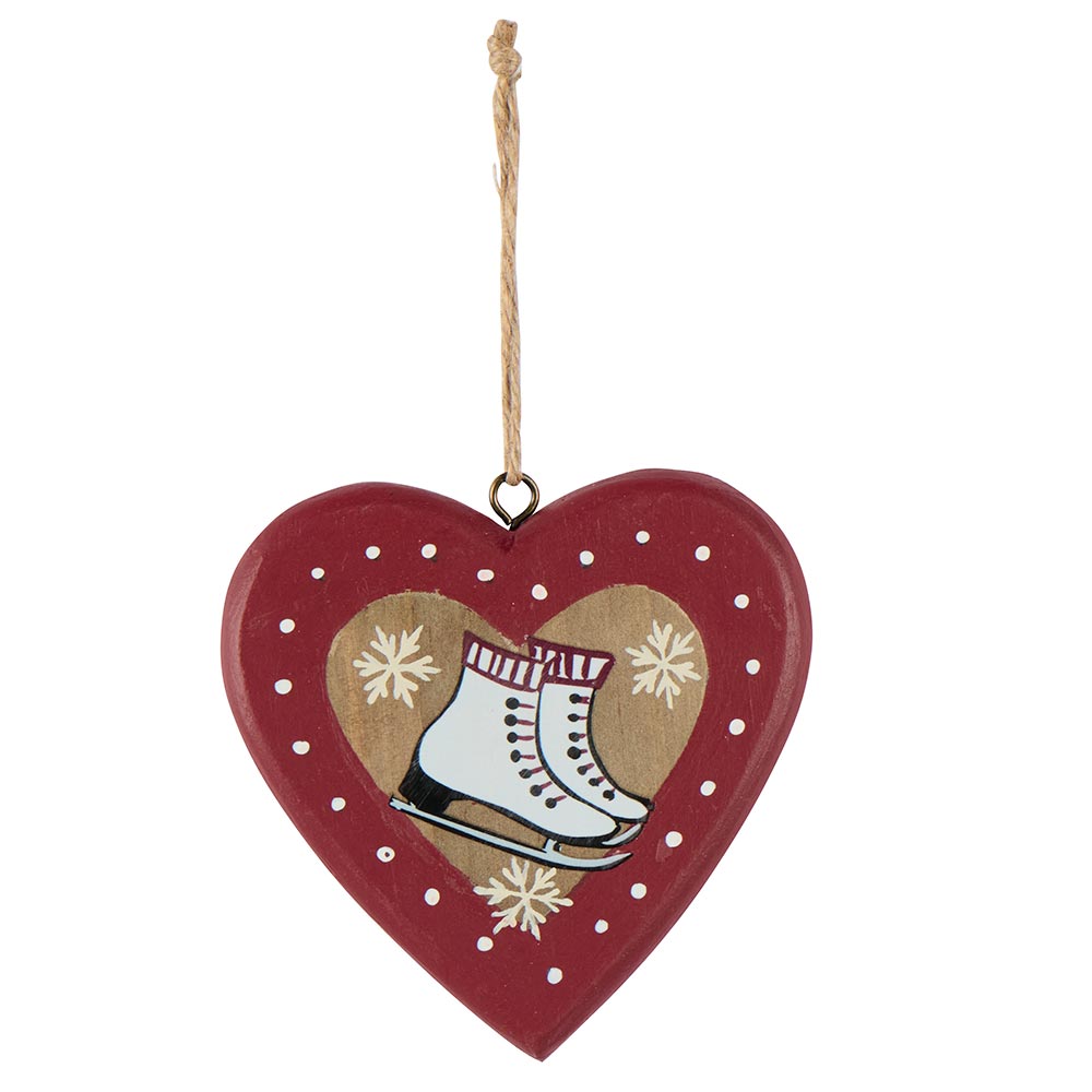 COEUR EN BOIS NATUREL  et  ROUGE AVEC FLOCONS ET PATINS A GLACE  10 x 9.5 x 1.5 cm - Photo N°1