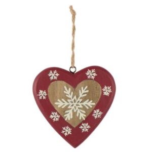 COEUR EN BOIS NATUREL  et  ROUGE AVEC FLOCONS  10 x 9.5 x 1.5 cm