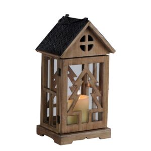 LANTERNE BOIS DESSUS METAL AVEC SAPIN AJOURE  20 X 38 X 16 CM