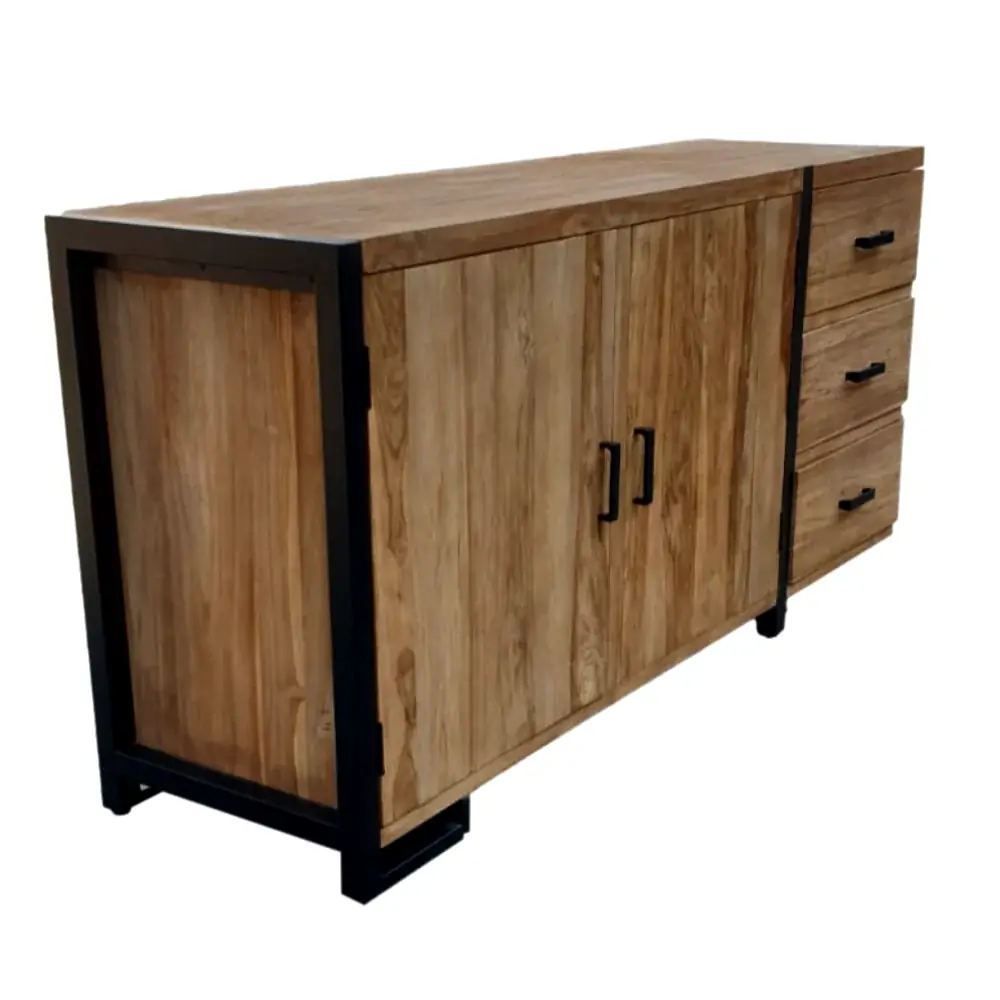 BAHUT BAS EN TECK NATUREL RECYCLE 175 X 86 X 53 CM 2 P 3T - Photo N°2