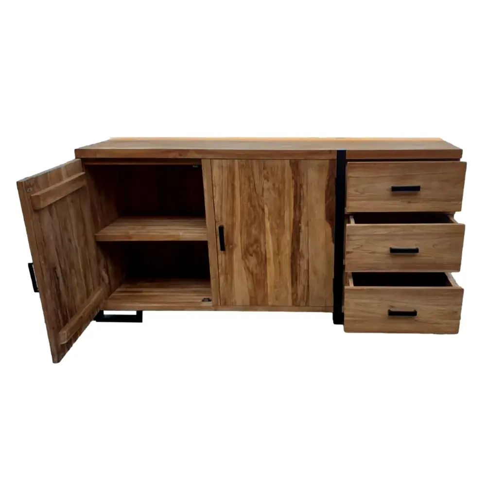 BAHUT BAS EN TECK NATUREL RECYCLE 175 X 86 X 53 CM 2 P 3T - Photo N°3