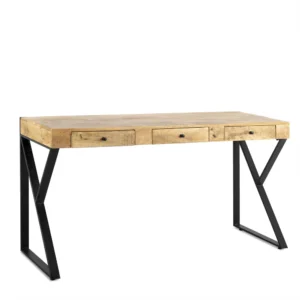 CONSOLE BUREAU BOIS MANGUIER MASSIF 3 TIROIRS PIED METAL NOIR  150 X 77 X 50 CM