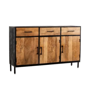 BAHUT BAS 3 PORTES 3 TIROIRS EN MANGUIER MASSIF VERNIS ET NOIR 145 X 90 X 45 CM