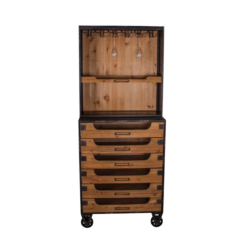 MEUBLE BAR 6 TIROIRS SAPIN ET METAL VIEILLI 65 x 158 x 32 CM - Photo N°3