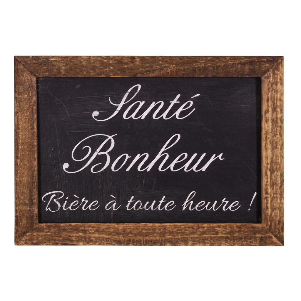 PLAQUE CADRE BOIS ASPECT ARDOISE SANTE BONHEUR BIERE A TOUTE HEURE  21 x 15 cm - Photo N°1